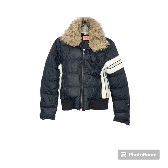 Juicy Couture Vintage Down Puffer Jacket Removable Fur Collar Coat Blue Small - Picture 2 of 15